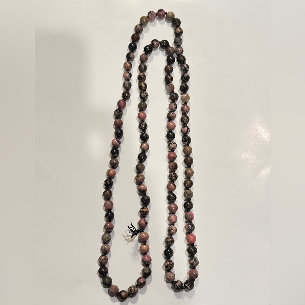 Mala Beads, Rhodonite Beaded Necklace in Pink and Black - Women Jewelry